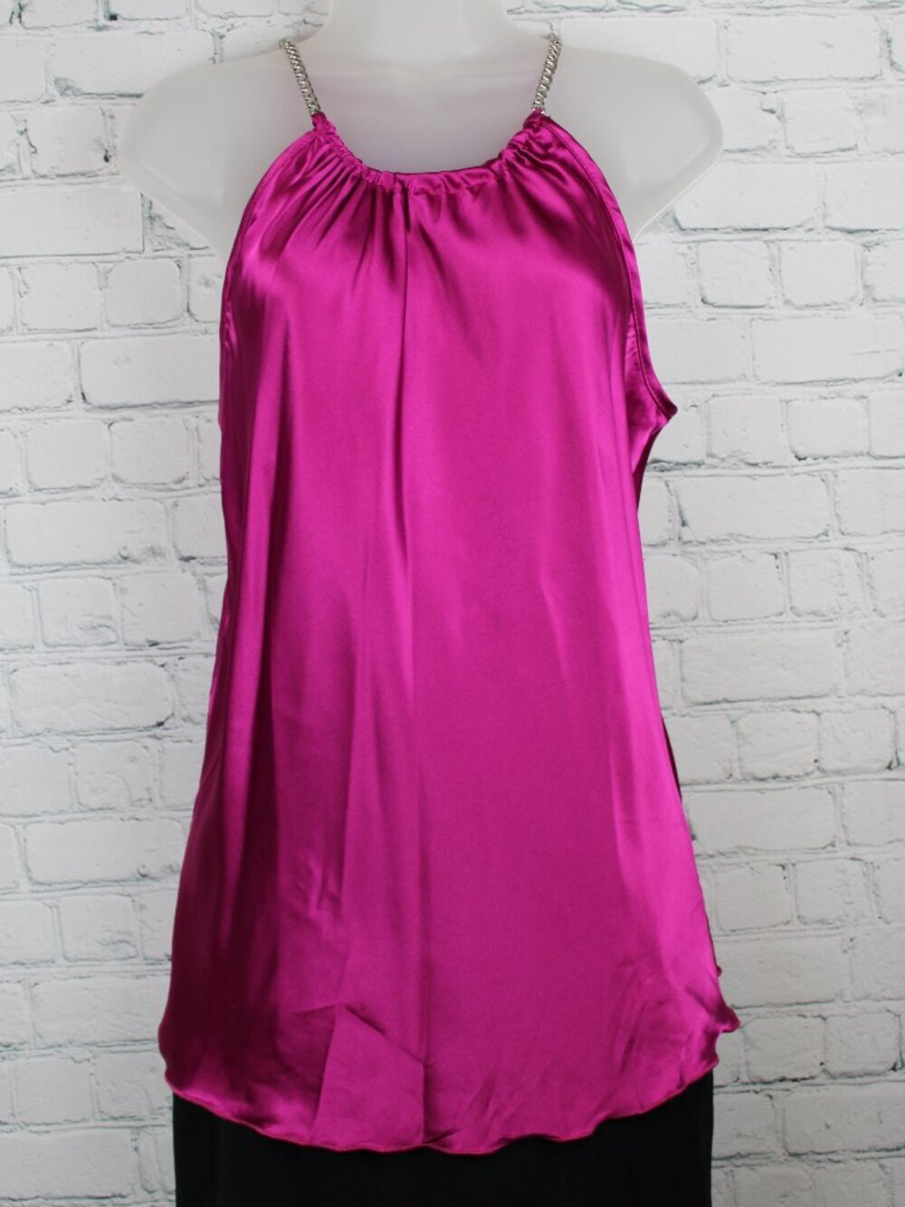 Tash + Sophie Plum Satin Halter Top with Silver Chain Straps - Size L